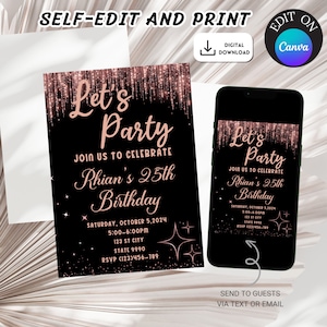 Faire-part d'anniversaire en or rose et noir, modifiable en or rose, faire la fête, invitation d'anniversaire numérique noir et or rose