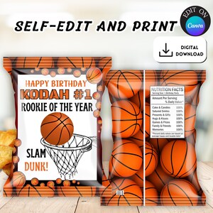 May include: Printable basketball-themed favor bag with a basketball hoop and ball graphic. The bag is decorated with orange and black basketballs. The text on the bag reads "Happy Birthday Kodah #1 Rookie of the Year Slam Dunk!"