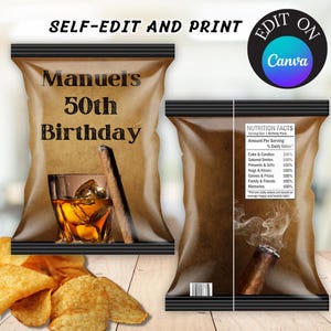 Editable Cigar Chip Bag, Cigar Chip Bag Template, Maculine Theme Birthday Chip Bag, Cigar Chip Wrap Digital, Cigar Birthday Chip Bag Templat