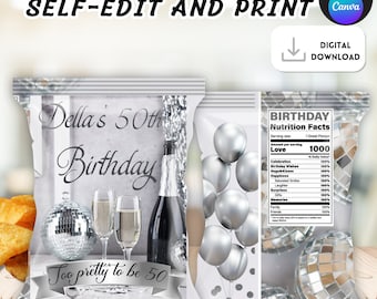 Silver Chip Bag, EDITABLE Silver Theme for Adult, Silver Birthday Chip Wrap, Silver Chip Bag, 40th Birthday Chip Bag, Silver Disco Party Fav