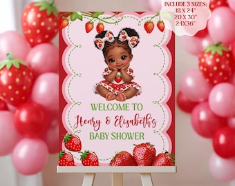 Letrero de bienvenida para baby shower de fresa, tablero de bienvenida para baby shower de niña afro fresa, plantilla de póster de bienvenida para baby shower de fresa digital