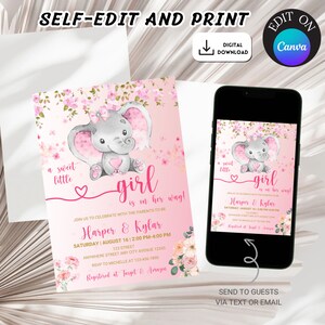 Editable Elephant Girl Baby Shower Invitation, Pink and Gold Elephant Baby Shower Invite, Pink Butterfly Elephant Baby shower Invite, invite