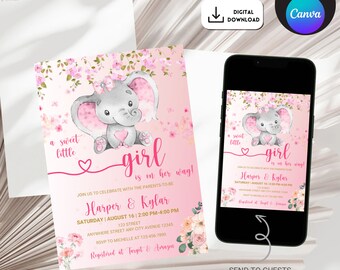 May include: Pink and white baby shower invitation with a cute cartoon elephant. The invitation says "a sweet little girl is on her way!" and includes the names "Harper & Kylar" and the date "Saturday, August 16".