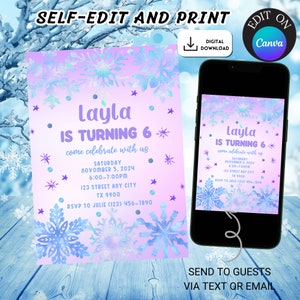 Winter-Geburtstagseinladung, lila Pastellschnee-Geburtstagseinladung, Kinder-Winter-Geburtstagsfeier, digitale Schnee-Geburtstagsfeier-Einladung