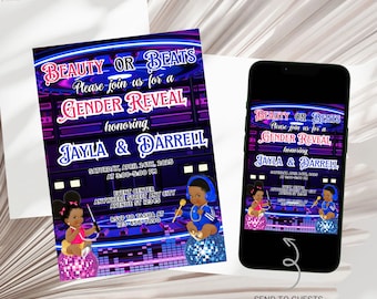 Editable Beauty or Beats Invitation, African American  Beauty or Beats Gender Reveal Invitation, Afro Beauty or Beats Invitation Digital