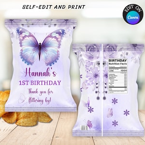 May include: Purple and white chip bag with a butterfly design. The bag says "Hannah's 1st Birthday" and "Thank you for flittering by!"