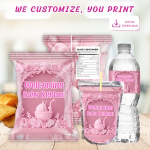 Rosa Baby-Dusche-Chip-Tasche, Mädchen-Babyparty-Wiege Gastgeschenke, digitales bereit, Set rosa Babypartythema zu drucken