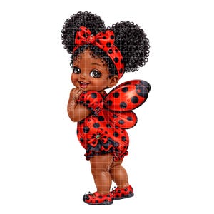 May include: A digital illustration of a baby girl dressed as a ladybug. She wears a red and black polka-dotted outfit with matching wings, shoes, and a headband with a bow. Her dark curly hair is styled in two puffs.