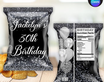 Black and Silver Chip Bag, EDITABLE Black and Silver Chip Wrap, Adult Chip Bag Black and Silver, Black and Silver Party Favors