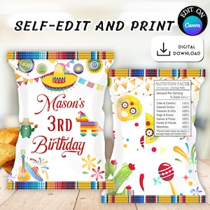 Fiesta Chip Bag Fiesta 3rd Birthday Party Favor Digital Fiesta Custom Treats Mexican Fiesta Birthday Chip Bag Template