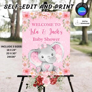 Letrero de bienvenida editable con diseño de elefante para baby shower, letrero de bienvenida para baby shower de niña, letrero de bienvenida con diseño de elefante color cacahuete, letrero de bienvenida con diseño de elefante rosa y dorado.