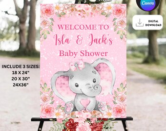 Editable Elephant Baby Shower Welcome Sign, Girl Baby Shower Welcome Sign, Peanut Elephant Welcome Sign, Pink and Gold Elephant Welcome Sign