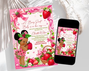 May include: A pink baby shower invitation with a strawberry theme. The invitation features a cartoon baby holding a strawberry, surrounded by strawberries, bows, and the text "A Berry Sweet Baby is on her way." A smartphone displays the same design.