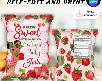 Bolsa de patatas fritas con diseño de fresa, bolsa editable de patatas fritas con diseño de fresa para baby shower, bolsa de patatas fritas con diseño de fresa para baby shower, fresa para baby shower, bolsa para fiesta de baby shower