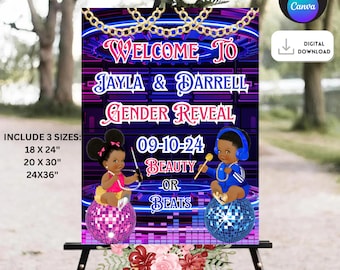 Cartello di benvenuto per la rivelazione del sesso di Beauty or Beats, poster di benvenuto per la rivelazione del sesso di Afro Beauty or Beats digitale, cartello di benvenuto per la rivelazione del sesso di African Beauty or Beats