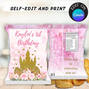 Princess Castle Chip Bag 1st Birthday Princess Favors Label Printable Fairytale Castle Carriage Floral Pink Gold Editable Princess Castle