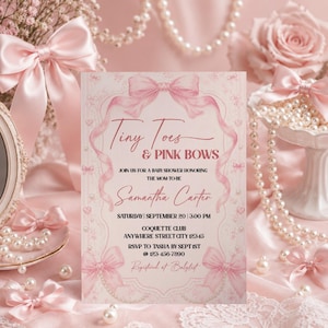 Pink Coquette Bow Baby Shower Invitation, Tiny Toes and Pink Bows Invite, Coquette Pearls Template Digital Download