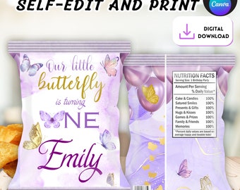 Our little butterfly chip bag, EDITABLE our little butterfly is one, butterfly first birthday,purple and gold chip bag digital,turning 1.