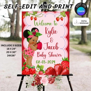 Tablero de bienvenida para baby shower de fresa, letrero de bienvenida para baby shower de fresa afro, póster de bienvenida para baby shower de fresa, bienvenida de fresa