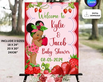 Cartello di benvenuto per baby shower alla fragola, cartello di benvenuto per baby shower alla fragola afro, poster di benvenuto per baby shower alla fragola, benvenuto alla fragola