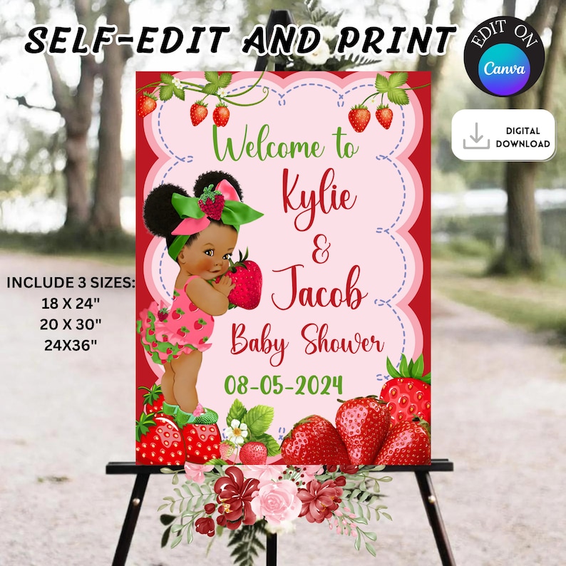 Puede incluir: Un cartel de baby shower imprimible con fondo rojo y rosa. El cartel presenta una ilustraci&oacute;n de dibujos animados de una ni&ntilde;a con piel morena sosteniendo una fresa. El texto en el cartel dice "Bienvenido a Kylie & Jacob Baby Shower 08-05-2024".