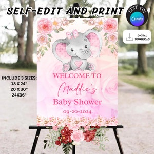Letrero de bienvenida con forma de elefante para niña, letrero de bienvenida editable con forma de elefante para baby shower, letrero de bienvenida con forma de elefante de color maní, letrero de bienvenida con forma de elefante rosa y dorado