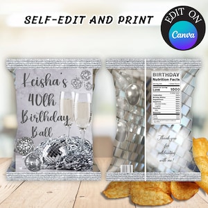 Disco Ball Chip Bag, Silver Disco Ball Chip Bag, Editable Silver Chip Bag, Disco Chip Bag Template, Silver Disco Party Favors, Disco Decor