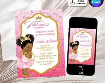 Editable Afro Princess Baby Shower Invitation, African American Princess Baby Shower invite, Afro Royal Princess Baby Shower Invitation