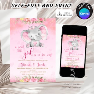 Elephant Girl Baby Shower Invitation, Editable Pink and Gold Elephant Baby Shower Invite, Pink and gold Elephant Baby shower Invite template