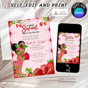 May include: A pink and red baby shower invitation with a cartoon illustration of a Black baby girl holding a strawberry. The text reads "A Berry Sweet Baby is on the Way" and includes the names "Kiesha & Jordan".