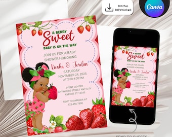 Afro Strawberry Baby Shower Invitation, African American Strawberry Baby Shower Invitation Template, African Princess Baby Shower Invite