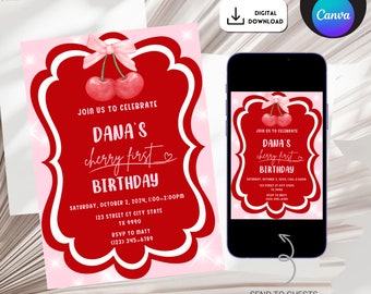 Editable Cherry First Birthday Invitation, Cherry 1st Birthday Invite Template, Red Digital Cherry Invitation, Red Cherry Birthday invite