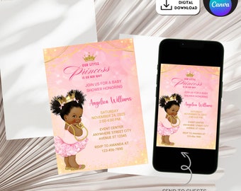 Afro Princess Baby Shower Invitation, African American Afro Princess Baby Shower digital invites, baby shower royal Afro invitation princes