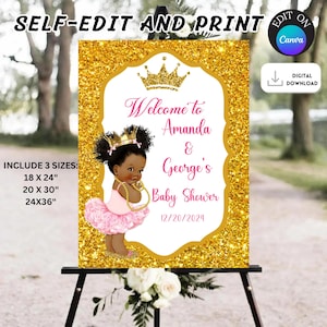 Editable Afro Princess Baby Shower Welcome Sign, African American Princess Baby Shower Welcome Banner, Gold Afro Baby Shower Welcome Sign