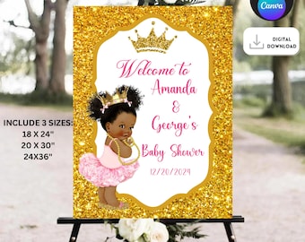 Afro Princess Baby Shower Welcome Sign: Gold Banner (Digital Download)