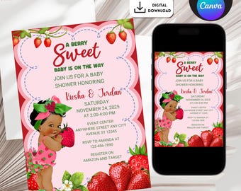 Afro Strawberry Baby Shower Invitation, African American Strawberry Baby Shower Invitation Template, African Princess Baby Shower Invitation