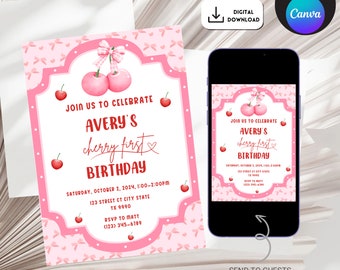 Editable Cherry First Birthday Invitation Template, Digital Cherry First Birthday Evite, Elegant cherry birthday invitation, cherry evite