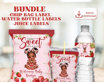 Paquete de baby shower de fresa afro con bolsa de papas fritas, botella de agua y etiquetas para jugo (descarga digital)