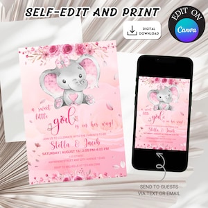 Editable Elephant Girl Baby Shower Invitation, Pink Elephant Baby Shower Invite, Pink Butterfly Elephant Baby shower Invite, Girl Elephant