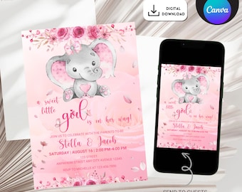 May include: Pink and gray baby shower invitation with a cute cartoon elephant and floral accents. The text reads "a sweet little girl is on her way!" and includes the names Stella & Jacob, the date August 16, and the time 2:00 PM - 4:00 PM.