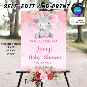 Letrero de bienvenida con forma de elefante para niña, letrero de bienvenida editable con forma de elefante para baby shower, letrero de bienvenida con forma de elefante de color maní, letrero de bienvenida con forma de elefante rosa para baby shower