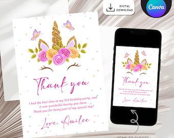 May include: A white card featuring a unicorn design with the words "Thank you." The unicorn has a gold horn, pink and yellow roses, and purple butterflies. The card also includes the text "SELF-EDIT AND PRINT" and "DIGITAL DOWNLOAD."