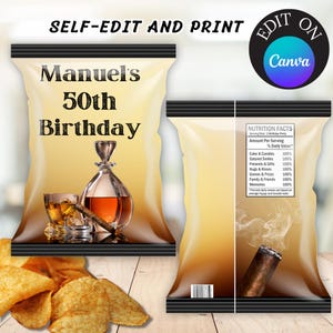 Editable Cigar Chip Bag, Cigar Chip Bag Template, Maculine Theme Birthday Chip Bag, Cigar Chip Wrap Digital, Cigar Birthday Chip Bag Men