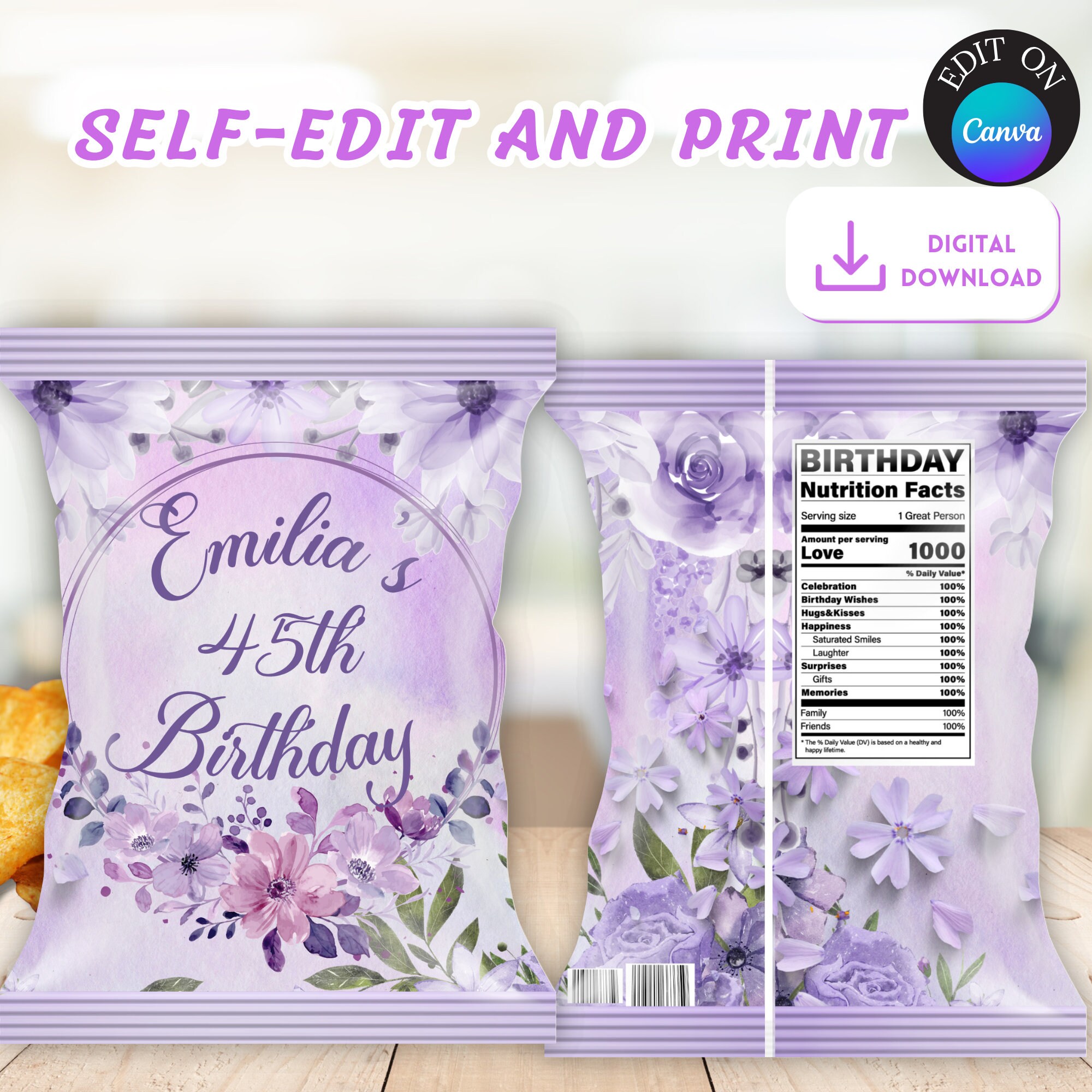 Purple Flowers Chip Bag, Digital purple floral chip bag for adult, adult chip bag floral theme, 45th birthday ideas, adult party