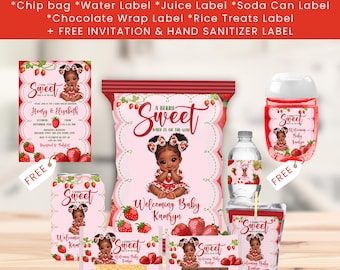 Paquete de baby shower de fresa afro, dulce bebé de bayas, regalos de fiesta de fresa, plantilla imprimible personalizada para baby shower, descarga digital