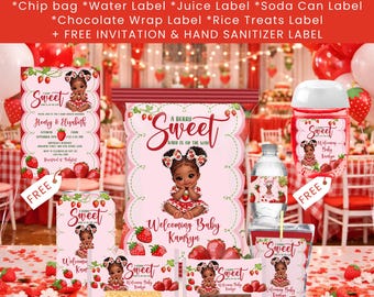 Paquete de bolsas de papas fritas para baby shower de fresa afro, dulce niña con bayas, regalos de fiesta de fresa, plantilla personalizada para baby shower, descarga digital
