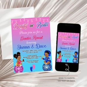 Editable Beauty or Beats Invitation, African American  Beauty or Beats Gender Reveal Invitation, Afro Beauty or Beats Invitation Template