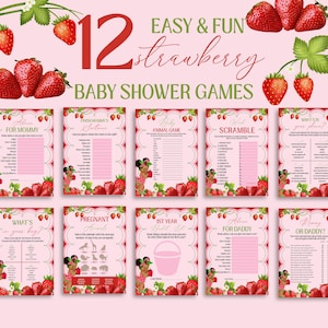May include: A set of 12 baby shower games with a strawberry theme. The games include "Advice for Mommy", "Finish Mommy's Sentence", "Baby Animal Game", "Scramble", and more. The design features strawberries and pink accents.