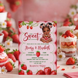May include: A baby shower invitation with a strawberry theme. The invitation features a cartoon illustration of a baby girl and the words "A Berry Sweet Baby is on the Way." The invitation includes the names Henry & Elizabeth, date, time, and RSVP information.