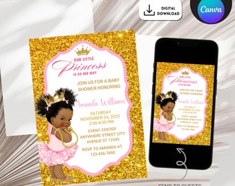 Afro Princess Baby Shower Invitation, African American Afro Princess Baby Shower Invite, Gold and Pink Afro Princess Baby Shower Invitation